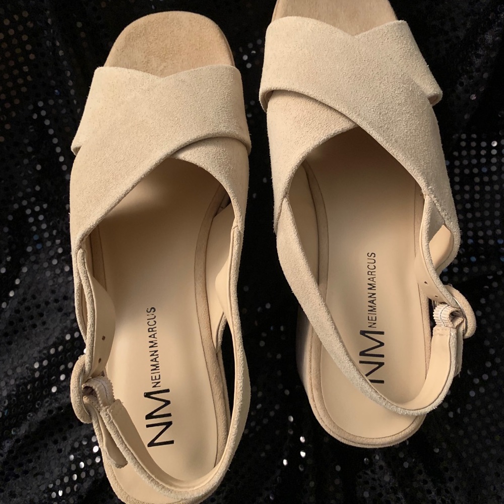 Neiman Marcus Tan Suede Wedge Strap back Size 10M